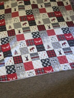 Festive Patchwork Reversible Quilt - Red, Black, Gray, White 74x64